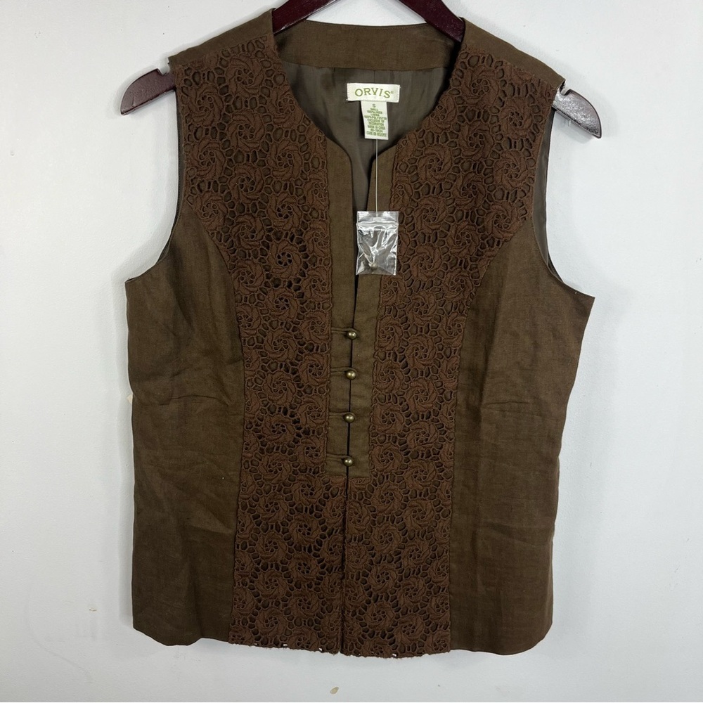 Orvis NEW Size Small Brown Crochet Linen Vest OO15